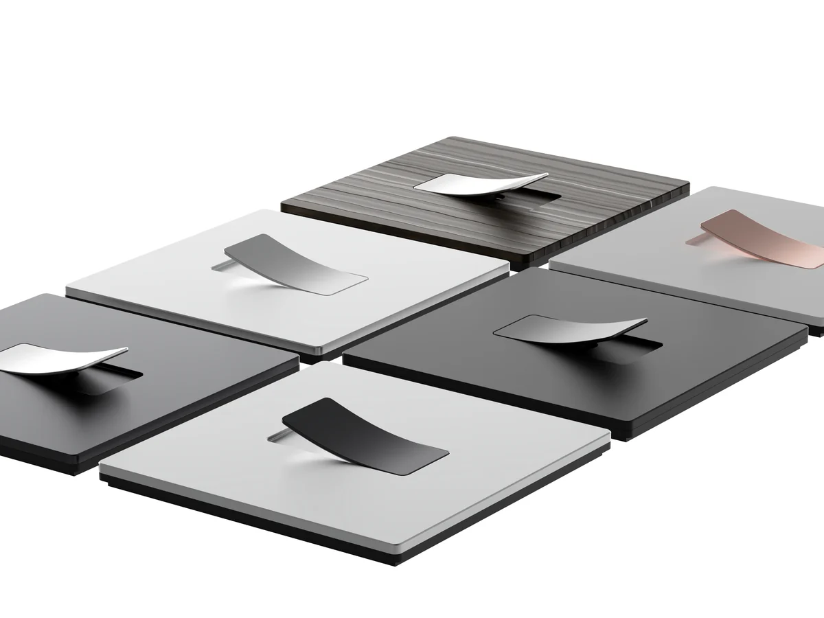 AZARO curved switch concept shown across light, dark and wood finish studies